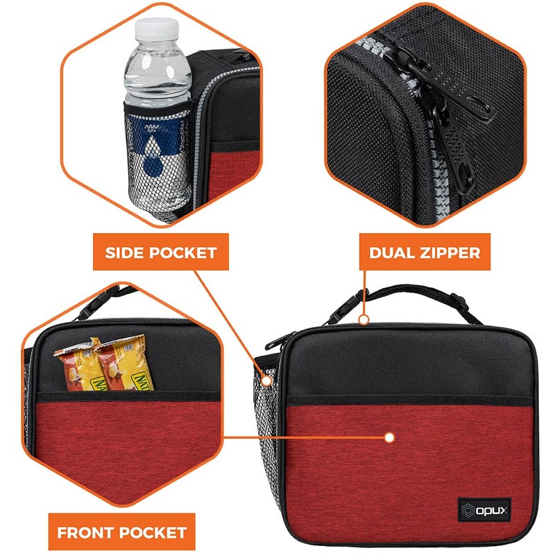 opux Insulated Lunch Bag Kids, Lunch Box for School Boy Girl, Leakproof Small Reusable Compact Soft Mini Cooler Bag, Toddler Small Lunch Boxes Kit Pail with Front Side Pockets (Red) - Image 4